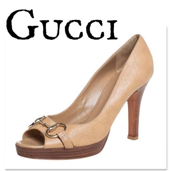 Authentic EUC Gucci Beige Guccissima Leather Horsebit Peep Toe Platform Pumps - Picture 1 of 17